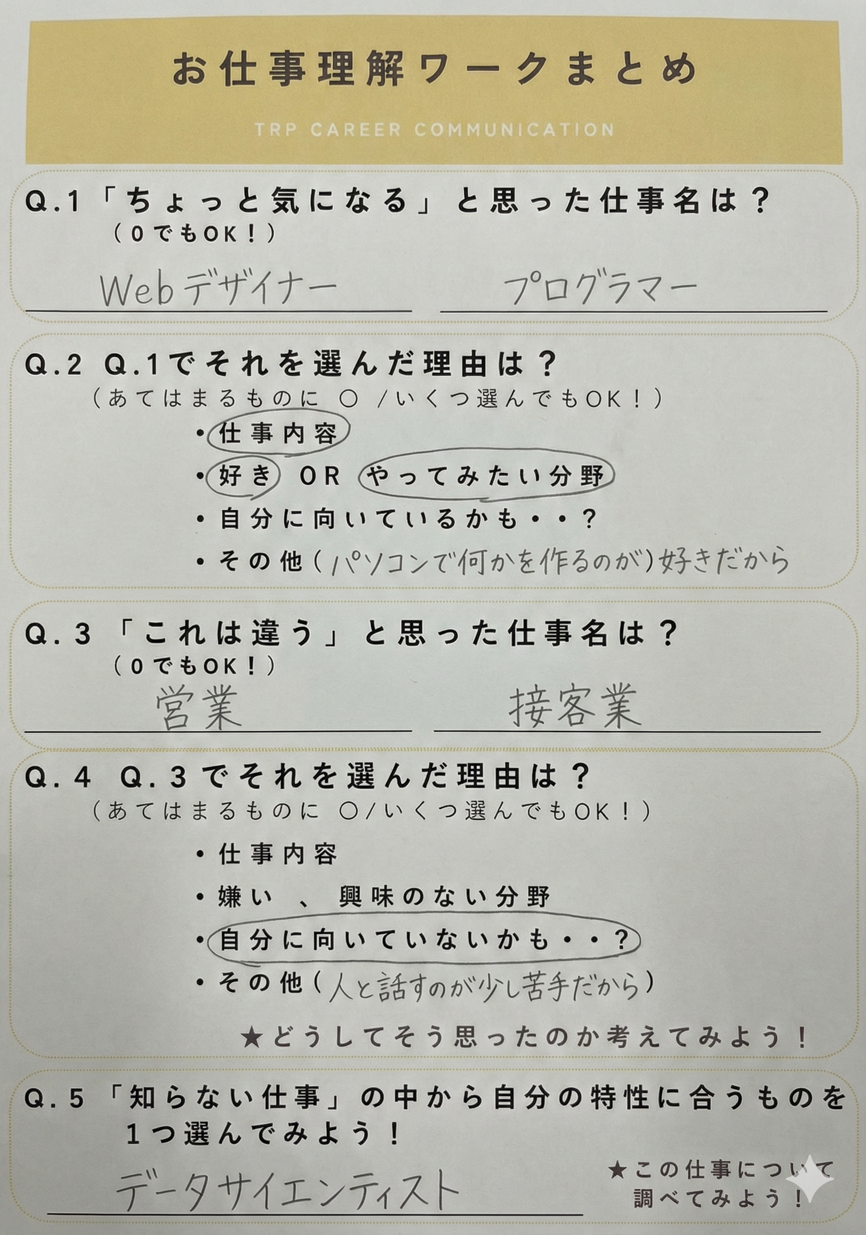 自己理解シートのサンプル